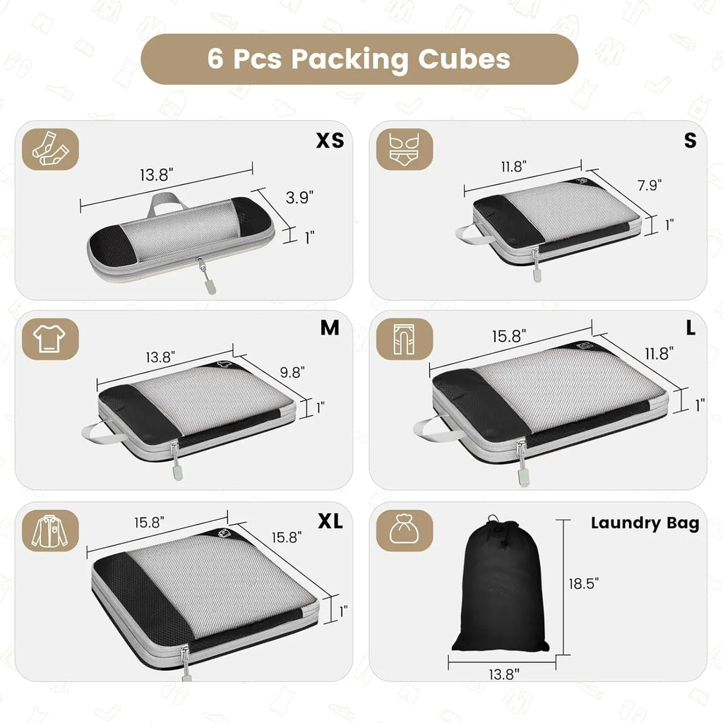 6-Piece Expandable Compression Packing Cubes & Shoe Bag Set